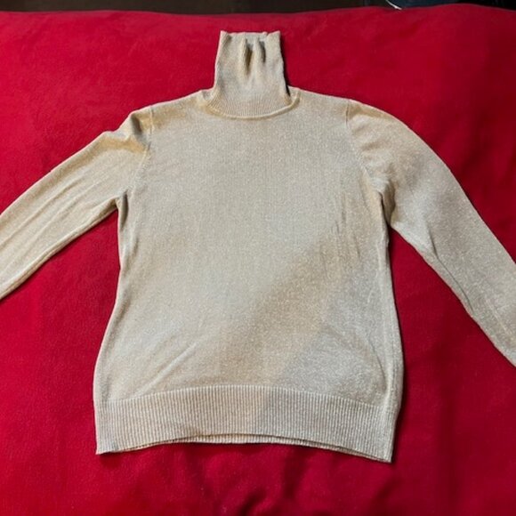 Joseph A Gold Metallic Turtleneck Sweater Size L & Larry Levine Pants Brown - Picture 5 of 11